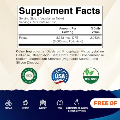 Ácido Fólico Vitamatic 5mg (5000 mcg) – 120 Tabletas Vegetarianas por Botella – Vitamina B9 (Folato) – Paquete de 3 | Total 360 Tabletas - imagen 2