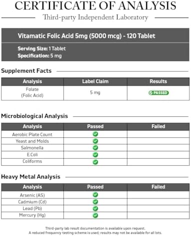 Ácido Fólico Vitamatic 5mg (5000 mcg) – 120 Tabletas Vegetarianas por Botella – Vitamina B9 (Folato) – Paquete de 3 | Total 360 Tabletas - imagen 3