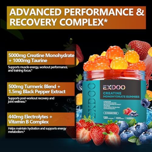 Gomitas de Creatina Monohidratada Exdoo con Cúrcuma para Hombres y Mujeres, Sin Azúcar, 120 piezas, Soporte de Fuerza, Energía y Músculos - imagen 2