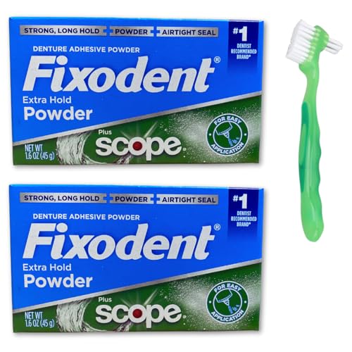 Fixodent Polvo Adhesivo para Dentaduras Extra Fuerte Paquete de 2 con 1 Cepillo para Dentaduras (3 Piezas) - imagen 1