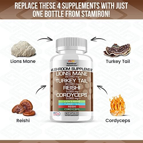 Suplemento de Stamiron con Melena de León, Hongos Cola de Pavo, Extracto de Cordyceps y Hongos Reishi - Alternativa a Gominolas, Polvo y Café de - imagen 2