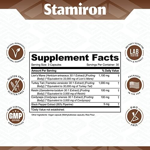 Suplemento de Stamiron con Melena de León, Hongos Cola de Pavo, Extracto de Cordyceps y Hongos Reishi - Alternativa a Gominolas, Polvo y Café de - imagen 3