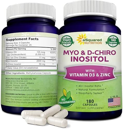 Suplemento de Myo-Inositol y D-Chiro Inositol aSquared Nutrition - 180 Cápsulas - Con Vitamina D3 y Zinc - Relación 40 a 1 - Complejo de VIT B8 - imagen 1