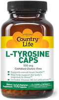 Country Life L-Tirosina 500mg con Vitamina B6 - Suplemento Vegetariano, Libre de Gluten, Kosher, Aumenta la Energía y Enfoque, 100 Cápsulas - imagen 1