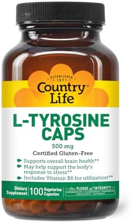 Country Life L-Tirosina 500mg con Vitamina B6 - Suplemento Vegetariano, Libre de Gluten, Kosher, Aumenta la Energía y Enfoque, 100 Cápsulas - imagen 1