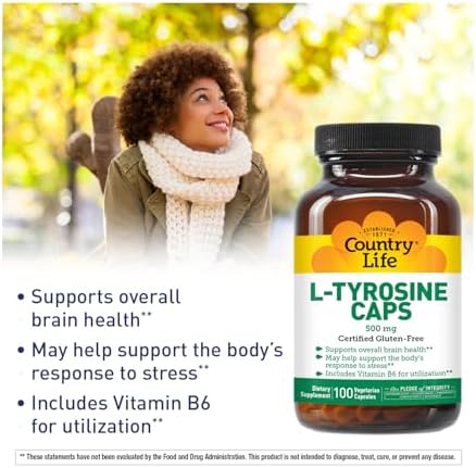 Country Life L-Tirosina 500mg con Vitamina B6 - Suplemento Vegetariano, Libre de Gluten, Kosher, Aumenta la Energía y Enfoque, 100 Cápsulas - imagen 2