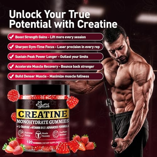 Gomitas de Creatina Hoozzch para Hombres y Mujeres, 5g de Creatina Monohidratada por Porción, Sin Gluten, Veganas, Sabor Fresa, 120 Unidades - imagen 7