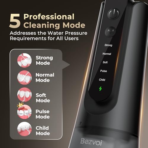 Hilo Dental Bezvoi, Irrigador Portátil Sin Cable, 5 Modos, Batería de 40 Días, Tanque Removible, Ideal para Brackets y Encías Sensibles, Negro - imagen 5