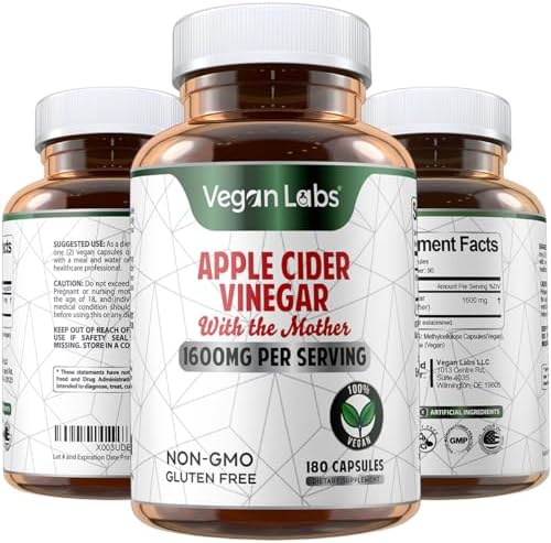 Cápsulas de Vinagre de Sidra de Manzana Vegan Labs con La Madre - 180 Cápsulas Veganas, 1600MG por Porción - 100% Natural, Apoya Digestión, Keto, - imagen 1