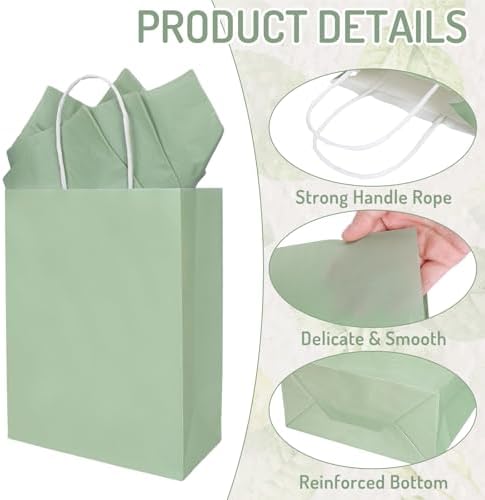 Whaline 36 Pzs Bolsas de Papel Verde Salvia con Papel de Seda para Fiestas, Favor de Cumpleaños, Boda y Baby Shower, Una Patita de Suerte - imagen 3