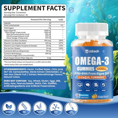 Gomitas Veganas Omega-3 1000mg de Aceite de Algas (DHA 460mg & EPA 230mg), Alternativa al Aceite de Pescado, con Cúrcuma y CoQ10, Sin Sabor a - imagen 2
