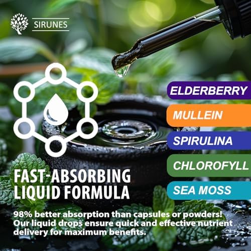 Gotas Herbales SIRUNES de Mullein con Clorofila, Musgo Irlandés, Espirulina y Saúco – 4 fl oz – Suplemento Diario para la Salud Respiratoria e - imagen 3