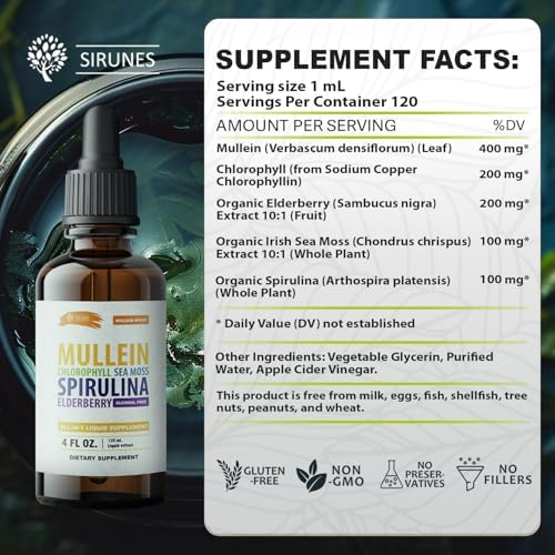 Gotas Herbales SIRUNES de Mullein con Clorofila, Musgo Irlandés, Espirulina y Saúco – 4 fl oz – Suplemento Diario para la Salud Respiratoria e - imagen 6