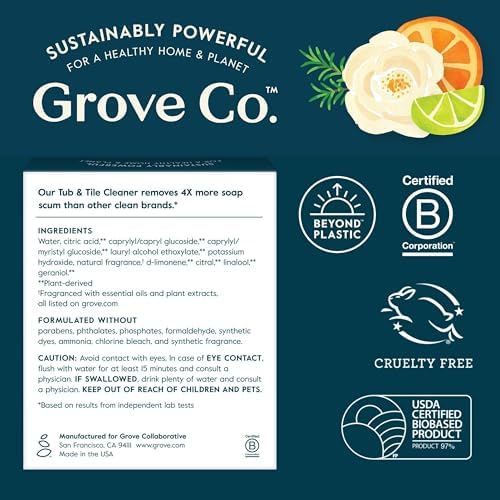 Grove Co. Limpiador para Baños y Azulejos, Recarga Concentrada (6 x 1 Fl Oz), Suministros de Limpieza Naturales, Fragancia Natural de Naranja y - imagen 7