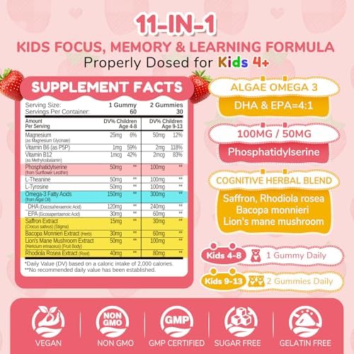 Gomitas NATISLAND para Niños, Suplementos Cerebrales con Fosfatidilserina, Omega-3 y Azafrán, Apoyo a la Memoria y Atención, Sin Azúcar, Veganas, - imagen 2