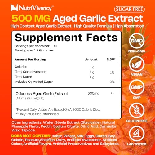 Gomitas de Ajo Aged NutriVivency, 500mg, Sin Olor, Suplementos Veganos y Sin Azúcar, Sabor Piña, 60 Gomitas - imagen 2