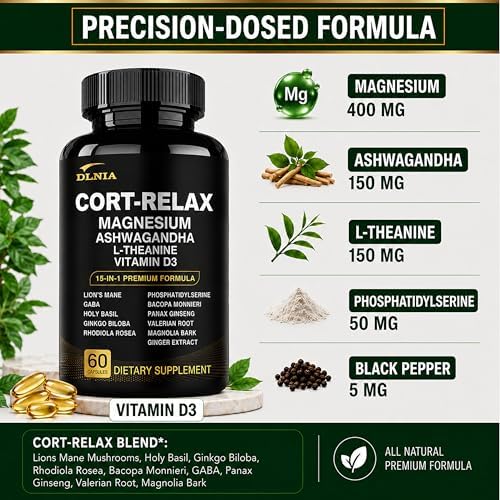 Suplementos Super Calm para el Cortisol con Magnesio Glicinato, Ashwagandha, L-Teanina, Fosfatidilserina, Ginkgo y Melena de León para Calma, Enfoque - imagen 2