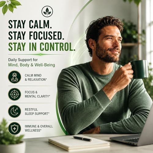 Suplementos Super Calm para el Cortisol con Magnesio Glicinato, Ashwagandha, L-Teanina, Fosfatidilserina, Ginkgo y Melena de León para Calma, Enfoque - imagen 6