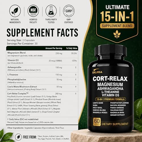 Suplementos Super Calm para el Cortisol con Magnesio Glicinato, Ashwagandha, L-Teanina, Fosfatidilserina, Ginkgo y Melena de León para Calma, Enfoque - imagen 8