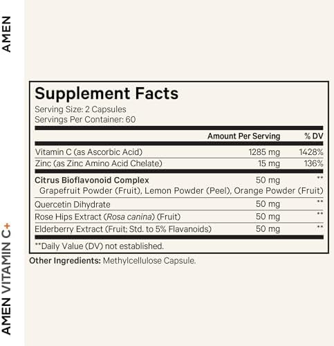 Suplemento de Vitamina C+ Amen con Zinc, Bioflavonoides, Quercetina, Rosa Mosqueta y Saúco – Vegano, No Transgénico – Suministro para 2 Meses - 120 - imagen 2