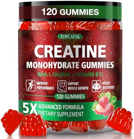 Gomitas de Creatina TOPCAPAK para Hombres y Mujeres - 5g de Creatina Monohidratada por Porción, con Taurina y Vitamina B12, Sabor Fresa, 120 Gomitas - imagen 1