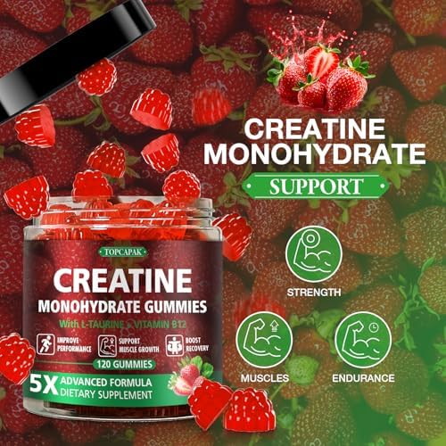 Gomitas de Creatina TOPCAPAK para Hombres y Mujeres - 5g de Creatina Monohidratada por Porción, con Taurina y Vitamina B12, Sabor Fresa, 120 Gomitas - imagen 2