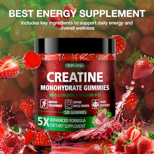 Gomitas de Creatina TOPCAPAK para Hombres y Mujeres - 5g de Creatina Monohidratada por Porción, con Taurina y Vitamina B12, Sabor Fresa, 120 Gomitas - imagen 3