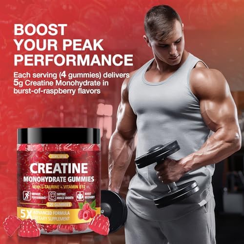 Gomitas de Creatina TOPCAPAK para Hombres y Mujeres - 5g de Creatina Monohidratada por Porción, con Taurina y Vitamina B12, Sabor Fresa, 120 Gomitas - imagen 5