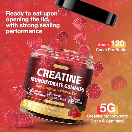 Gomitas de Creatina TOPCAPAK para Hombres y Mujeres - 5g de Creatina Monohidratada por Porción, con Taurina y Vitamina B12, Sabor Fresa, 120 Gomitas - imagen 8