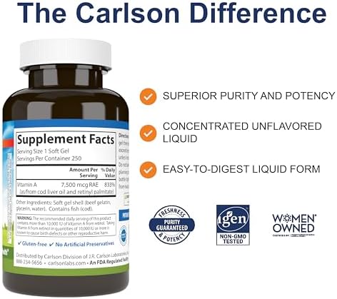 Carlson - Vitamina A, 25000 UI (7500 mcg RAE), Apoyo Inmunológico, Salud Visual, Antioxidante, Suplementos de Vitamina A, 250 Gelatinas Blandas - imagen 2