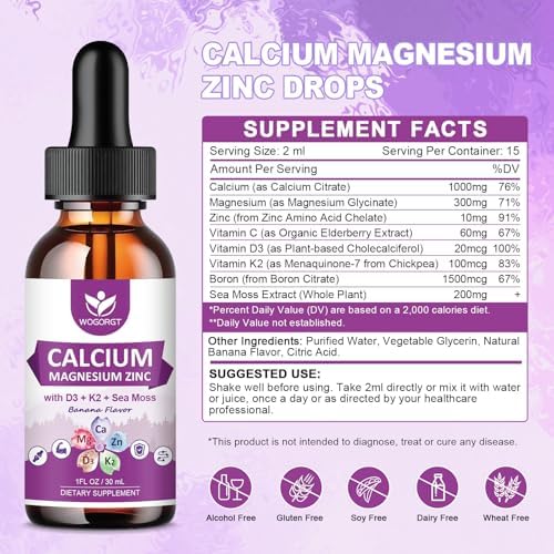 Suplemento WOGORGT de Citrato de Calcio 1000mg con Vitamina D3 para Hombres y Mujeres - Calcio Líquido con Magnesio, Zinc y K2, Sabor Plátano - 1 Fl - imagen 2