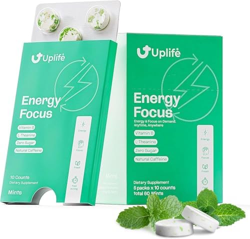 UPLIFE Energía y Enfoque Menta 60 Piezas – Hecho en EE. UU. – 40mg Cafeína Natural + 80mg L-Teanina + Niacina Vitaminas B3 y B12 – Sin Azúcar, Vegano - imagen 1