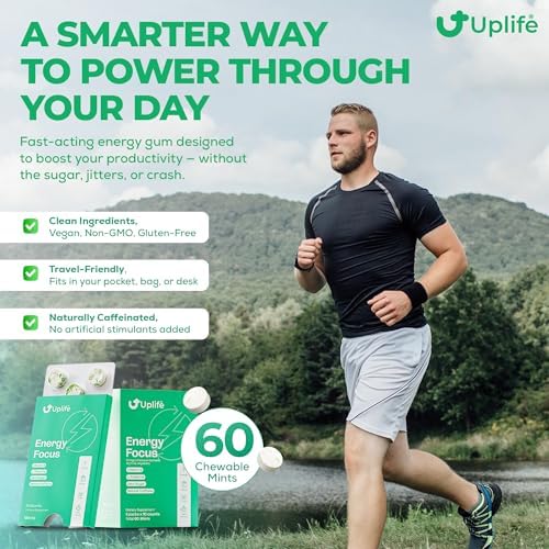 UPLIFE Energía y Enfoque Menta 60 Piezas – Hecho en EE. UU. – 40mg Cafeína Natural + 80mg L-Teanina + Niacina Vitaminas B3 y B12 – Sin Azúcar, Vegano - imagen 5