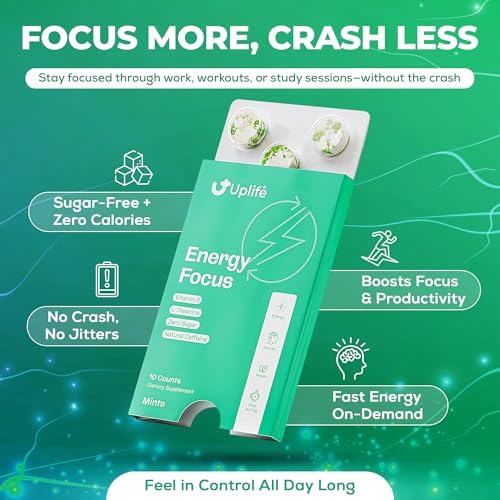 UPLIFE Energía y Enfoque Menta 60 Piezas – Hecho en EE. UU. – 40mg Cafeína Natural + 80mg L-Teanina + Niacina Vitaminas B3 y B12 – Sin Azúcar, Vegano - imagen 7