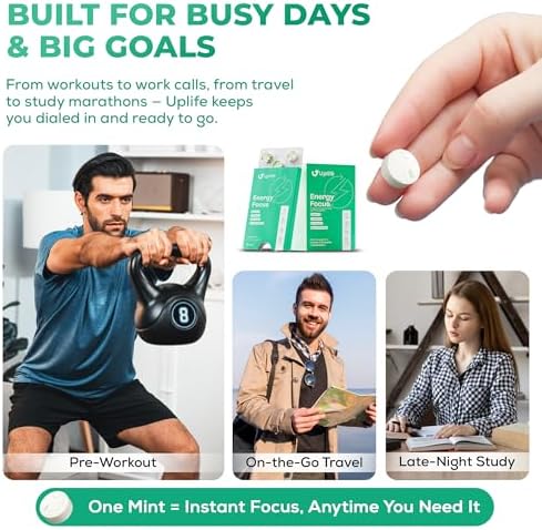 UPLIFE Energía y Enfoque Menta 60 Piezas – Hecho en EE. UU. – 40mg Cafeína Natural + 80mg L-Teanina + Niacina Vitaminas B3 y B12 – Sin Azúcar, Vegano - imagen 8
