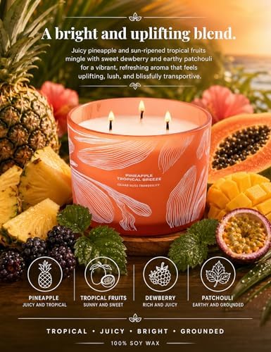 Vela Aromática Tropical de Piña con 3 Mechas | Vela de Soja Grande de 14.5 oz | Fuerte Fragancia de Piña para Relajación y Regalo de Playa - imagen 2