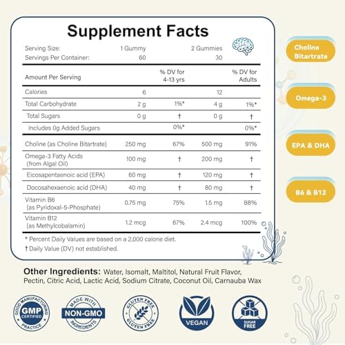 Gomitas ABYSSUS de Colina para Niños (4+) – Suplemento de Colina para Cerebro y Hígado con Omega-3 Algal, B6 y B12, Sin Azúcar, Vegano, 60 Piezas - imagen 6