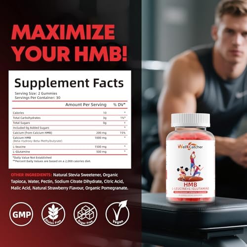 Gomitas de Aminoácidos Wellcatcher HMB y Leucina: Suplementos HMB para Hombres y Mujeres con L-Glutamina, Sin Azúcar, Veganas, Sabor Fresa, 30 Días - imagen 2
