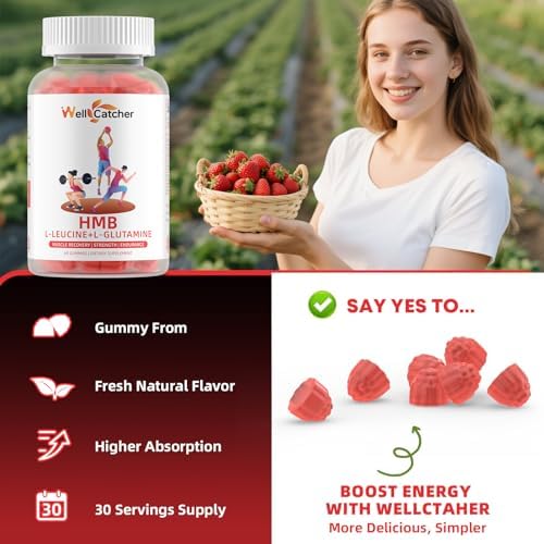 Gomitas de Aminoácidos Wellcatcher HMB y Leucina: Suplementos HMB para Hombres y Mujeres con L-Glutamina, Sin Azúcar, Veganas, Sabor Fresa, 30 Días - imagen 6