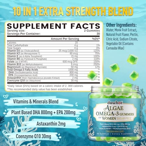 Gomitas Veganas Omega-3 para Mujeres duwhot, DHA y EPA de Algas 1000mg, con CoQ10 y Astaxantina, Alternativa a Suplemento de Aceite de Pescado, 60 - imagen 5