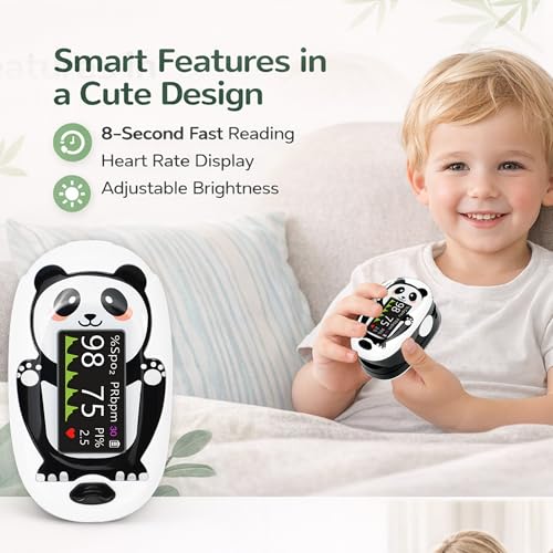 Oxímetro de Pulso para Niños 2+, Monitor de Oxígeno con Diseño de Panda y Pantalla Digital para Frecuencia Cardíaca y SpO2 - imagen 3