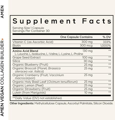 Amen Suplemento Vegano de Colágeno a Base de Plantas - Alimentos Orgánicos, Luteína, Vitamina C, Biotina, Lisina, Prolina - Sabor a Arándano, Limón, - imagen 2