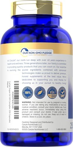 Carlyle B-100 Complejo Vitamínico | 250 Cápsulas | Suplemento Sin OGM, Libre de Gluten - imagen 3
