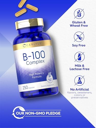 Carlyle B-100 Complejo Vitamínico | 250 Cápsulas | Suplemento Sin OGM, Libre de Gluten - imagen 5