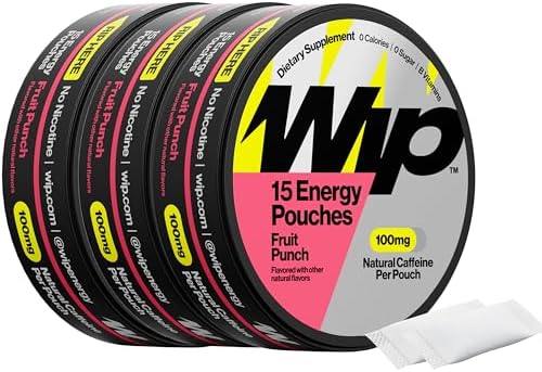 Wip Energy Pouches, Mezcla Sin Azúcar con 100 MG de Cafeína Natural, Vitaminas B, Minerales y L Teanina para Energía, Sabor Fruit Punch, 3 Latas, 15 - imagen 1