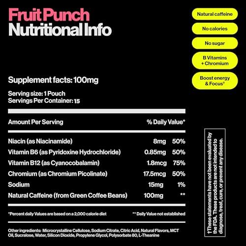 Wip Energy Pouches, Mezcla Sin Azúcar con 100 MG de Cafeína Natural, Vitaminas B, Minerales y L Teanina para Energía, Sabor Fruit Punch, 3 Latas, 15 - imagen 3