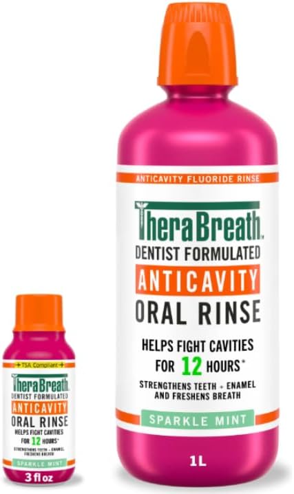 Enjuague Bucal Anticaries TheraBreath con Fluoruro, Sabor Menta Brillante, 1 Litro (33.8 oz) + Tamaño de Viaje, 3 oz - imagen 1