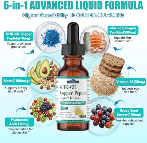 Gotas Líquidas Orales de Péptidos de Cobre GHK-Cu, Suplemento Liposomal 6 en 1 con Colágeno Marino, Ácido Hialurónico, Biotina y Semilla de Uva, - imagen 2