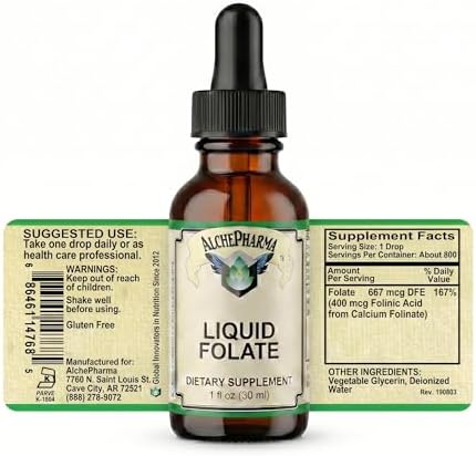 AlchePharma Folato Líquido [667 mcg DFE, 400 mcg de Ácido Folínico] 800 Porciones - imagen 3