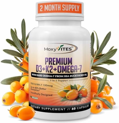 MoxyVites Vitamina D3 K2 5000 IU – Alta Absorción D3 + K2 MK-7 con Aceite de Espino Amarillo y Omega-7 – Soporte Óseo, Cardiaco e Inmunológico para - imagen 1